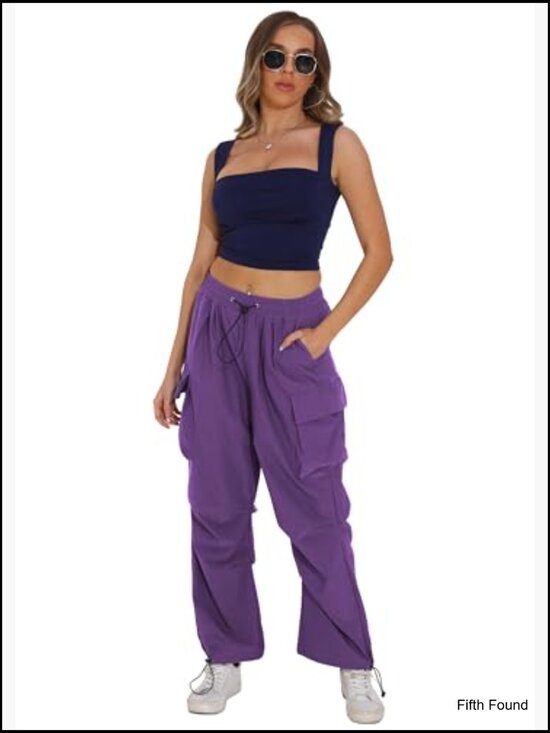 Women's Baggy Cargo Pants High Waist Wide Leg Hiking Trousers Loose Fit - Picture 2 of 7